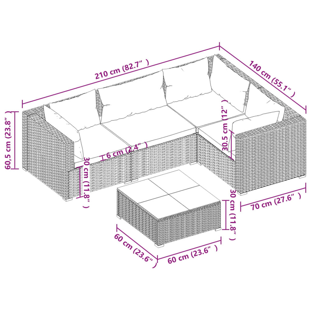Salon de jardin meuble d'extérieur ensemble de mobilier 5 pièces avec coussins résine tressée gris