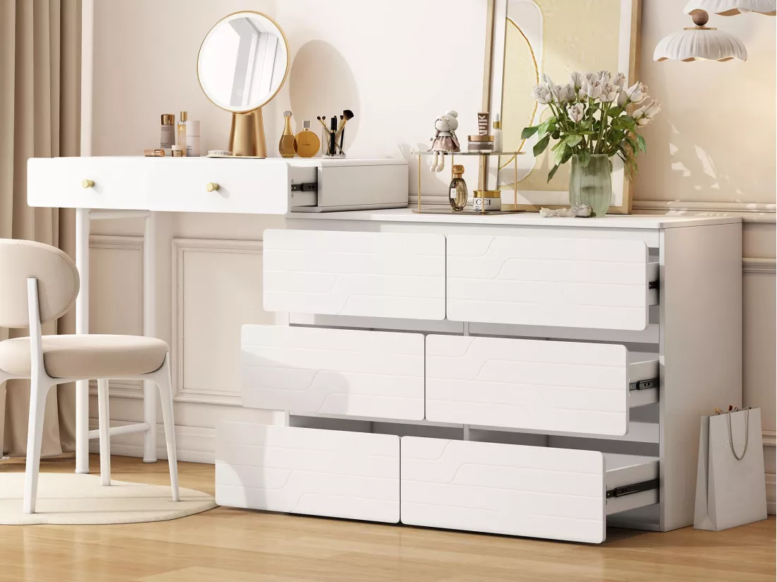 Coiffeuse extensible contemporaine scandinave avec 8 tiroirs - façades laquées - Blanc(sans miroir ni tabouret)