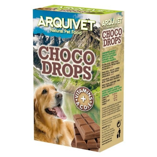 Petiscos Arquivet Choco Drops para cães, sabor chocolate.