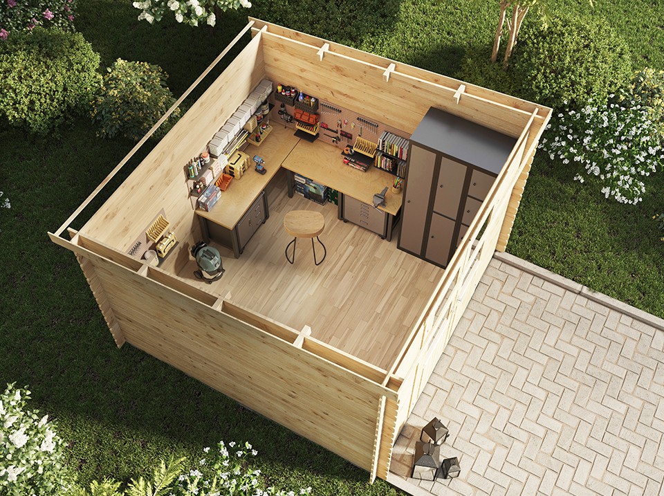 Abri de jardin bellagio 8m2 - epaisseur des madriers : 28mm - cabanon - stockage velo / outils - double porte - fermeture a clé