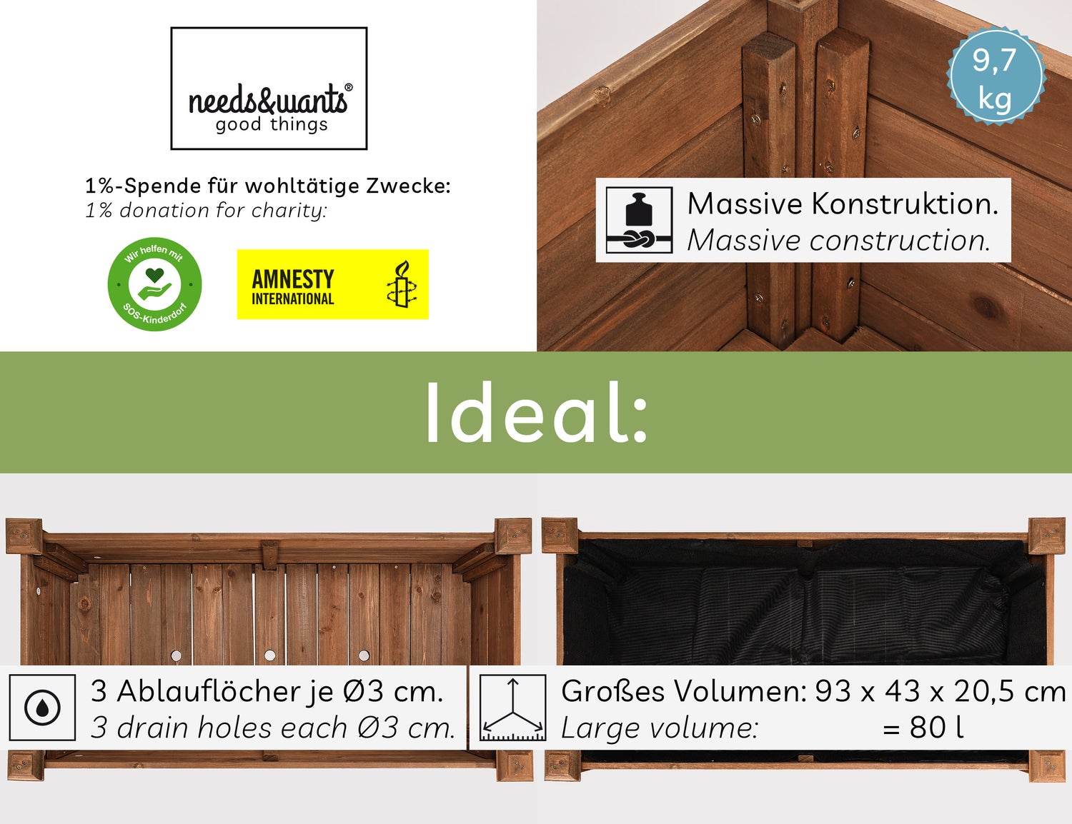 needs&wants® Houten verhoogde tuinbak voor tuin, balkon, terras, rechthoekige smalle plantenbakset met fleecevoering, kruidenbak, decoratief, 100 x 50 x 75 cm, donkerbruin