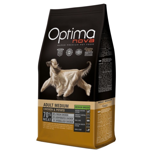 Ração Optima Nova Adult Medium para cães, sabor frango e batata.