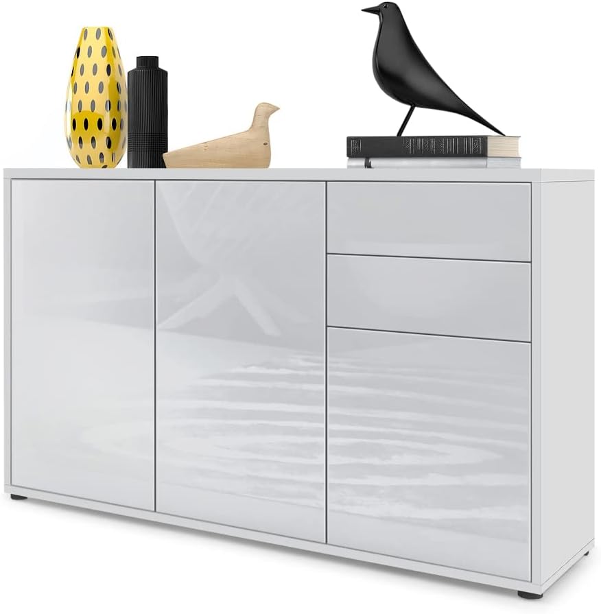 Vladon Sideboard Ben V3, Kommode mit 3 Türen und 2 Schubladen, Weiß matt/Weiß Hochglanz (117 x 74 x 36 cm)