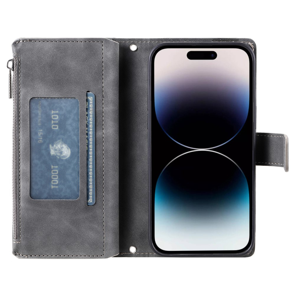 iPhone 16 Leder Tasche Flip Cover mit Reissverschluss - Mandala Flowers Imprint - Grau