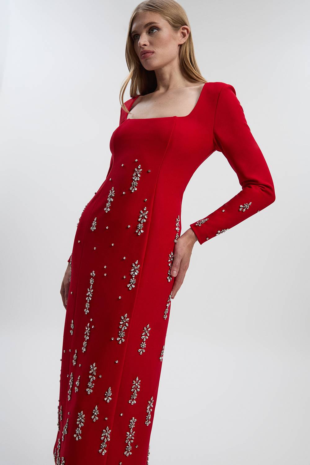 KarenMillen Robe Midi Bandeau en Crêpe Scuba Ornée de Cristaux