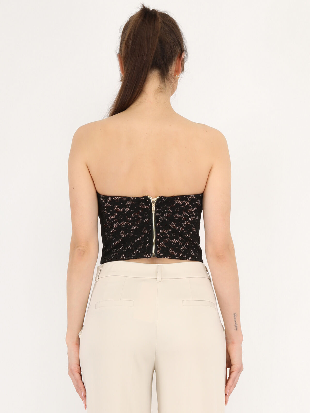 Top bustier en dentelle fleurie- Noir