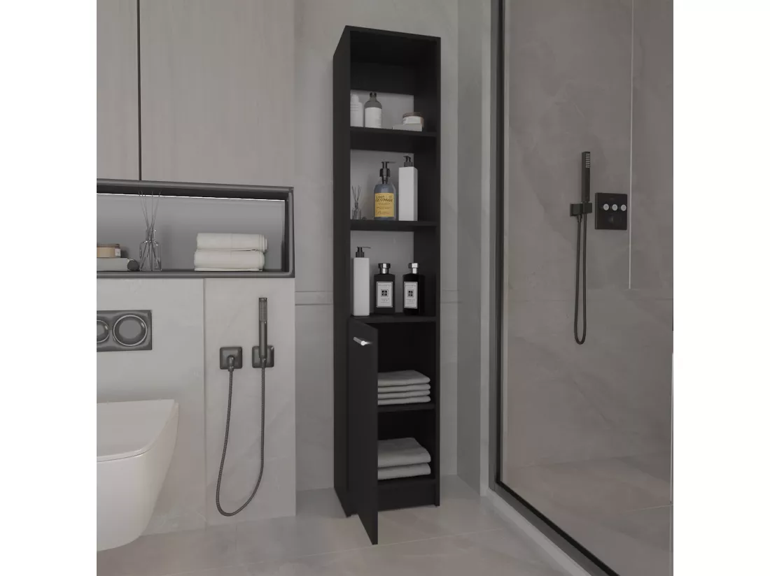 Colonne de salle de bain Malaga en mélamine avec une armoire et 3 étagères , 162 cm X 33 cm X 26.4 cm , Noir
