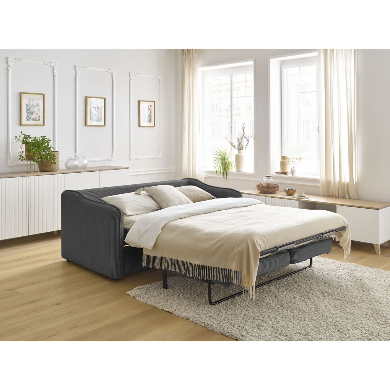 Bobochic Canapé droit convertible express en Velours côtelé 3 places Lenny gris foncé - 178x102x89 cm