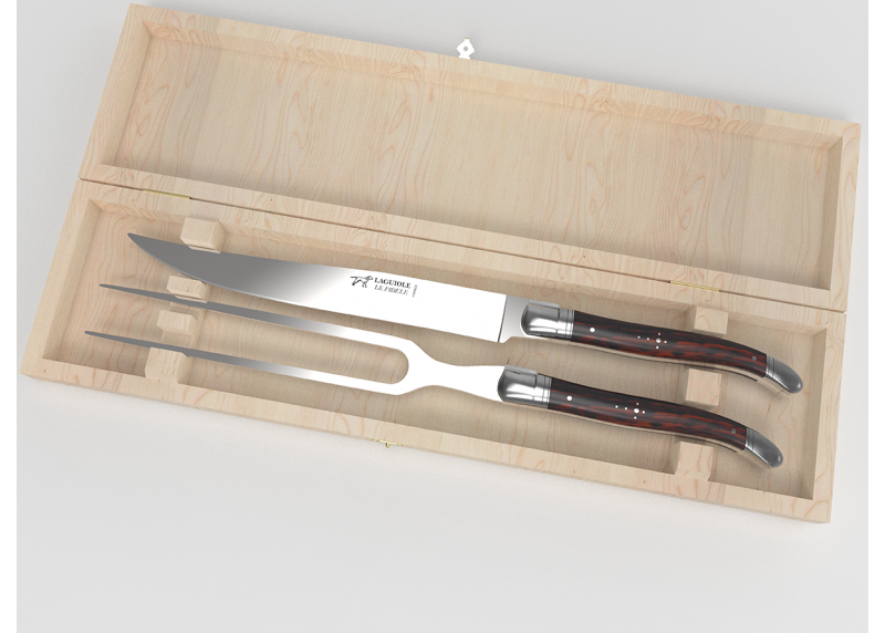 Service à viande Laguiole avec un manche en bois d'amourette et mitres en acier inoxydable