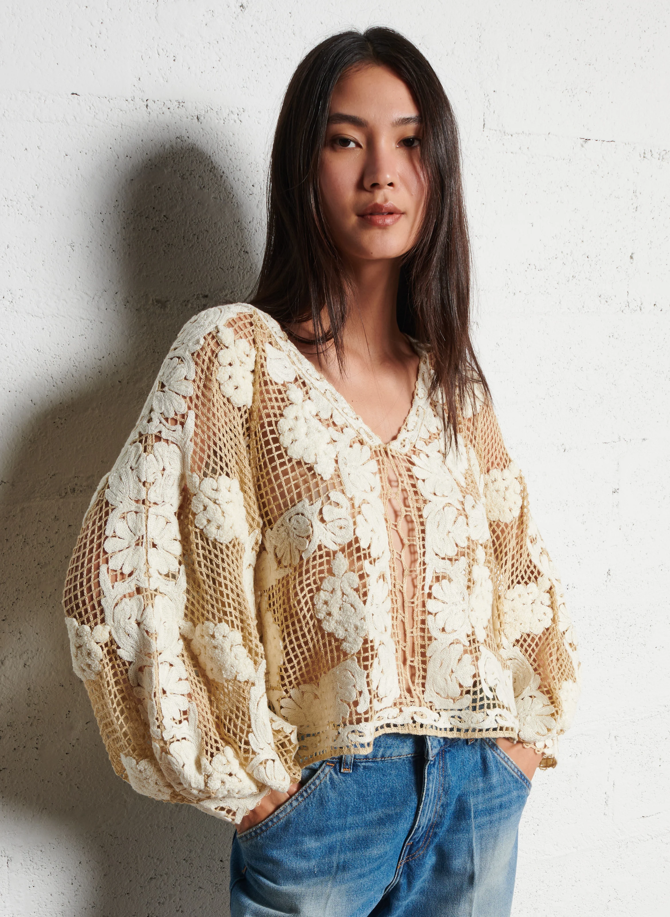 DREAMI - Pull ample brodé en crochet| Beige