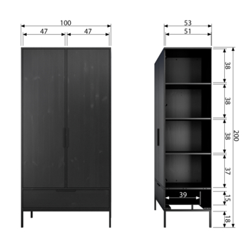 WOOOD kledingkast 2-deurs Adam zwart grenenhout 200 x 100 x 53 cm