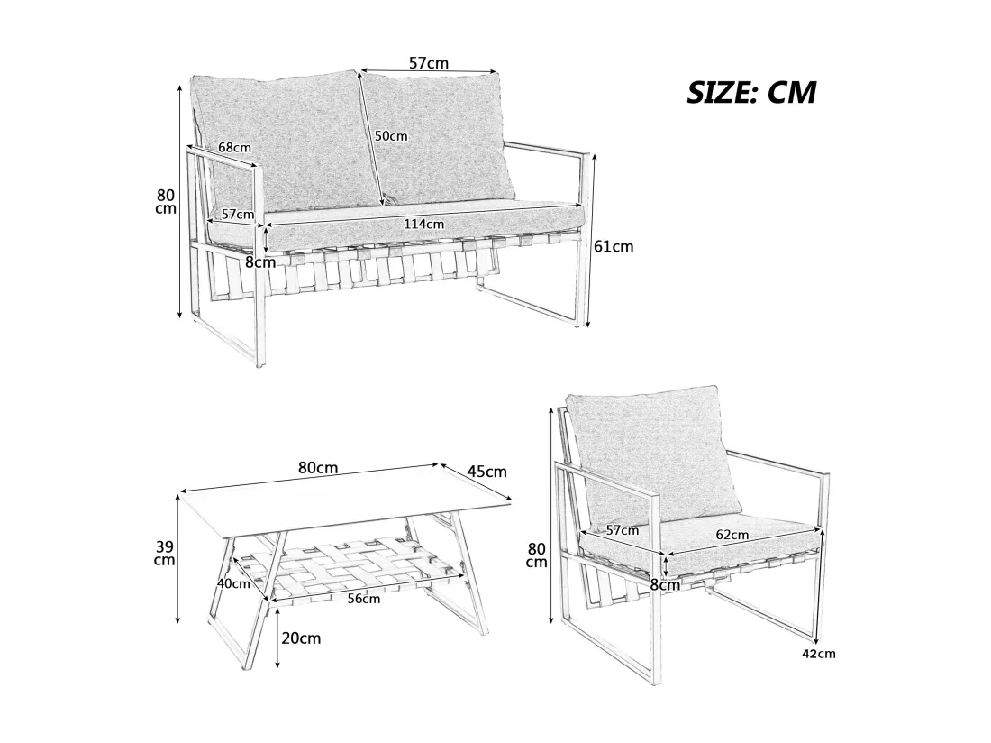 Salon de jardin, salon de jardin pour 4 personnes avec canapé, table basse et coussins, housse amovible en tissu, noir