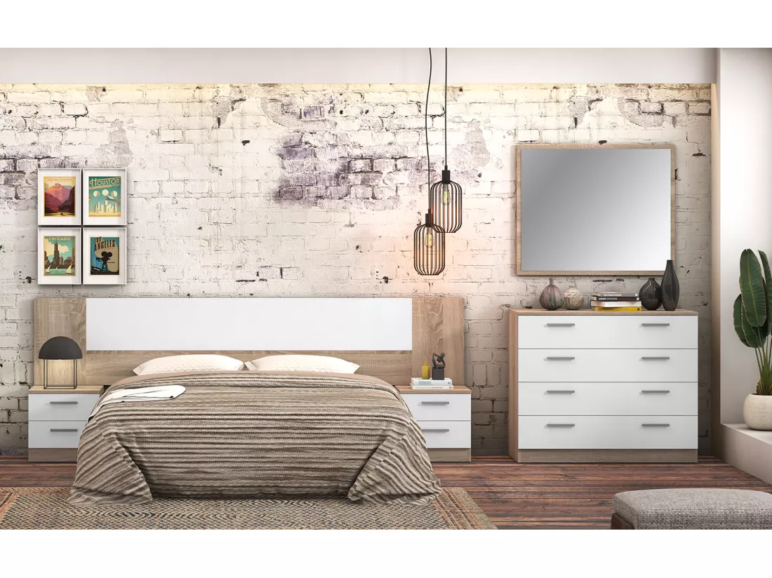 Ensemble chambre à coucher, tête de lit + 2 tables chevets + commode + miroir coloris chêne cambrian, blanc