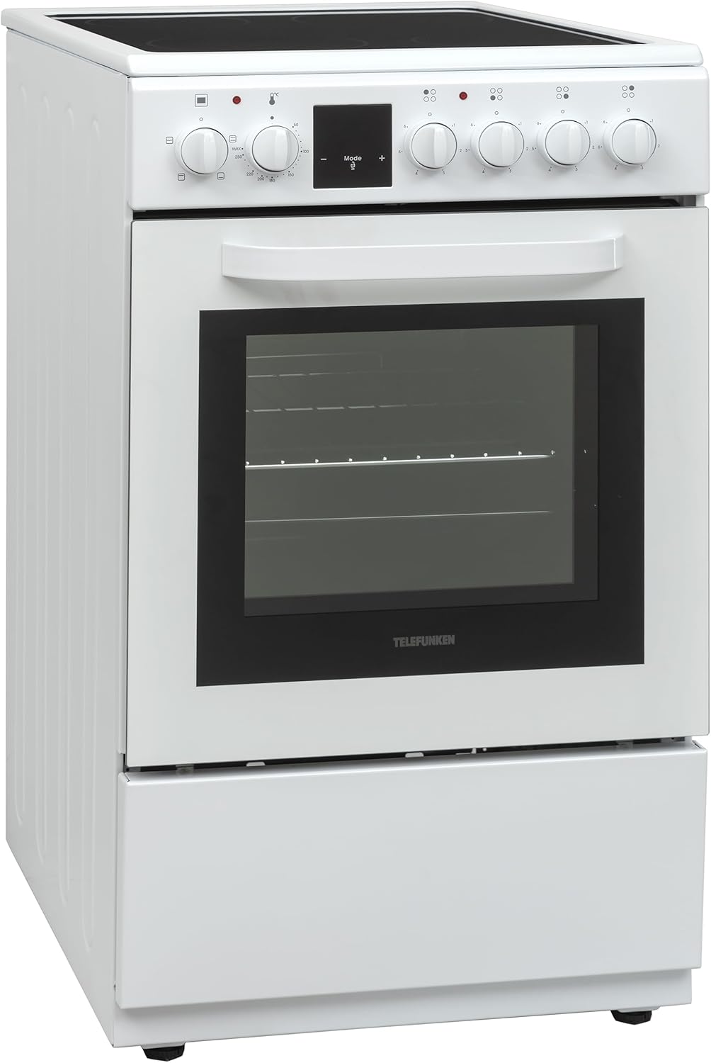 Telefunken Standherd mit Glaskeramik-Kochfeld | Elektroherd freistehend 50 cm breit | Herd mit Backofen und Kochfeld | 55 Liter | 5 Betriebsarten | 4 Kochzonen | LED-Display | EEK A | Weiß | BSHC55AI
