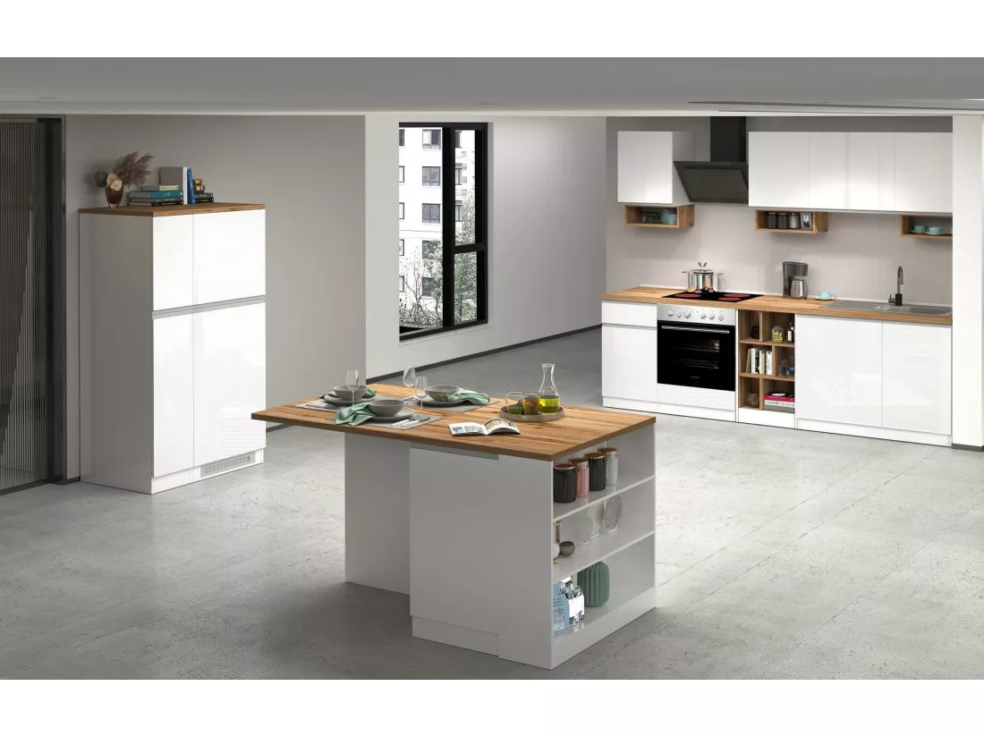 Buffet de Cuisine Dcasasol, Armoire polyvalente, Meuble de kitchenette, Support réfrigérateur multifonctionnel, 100% Made in Italy, 60x60h165 cm, Blanc brillant et chêne