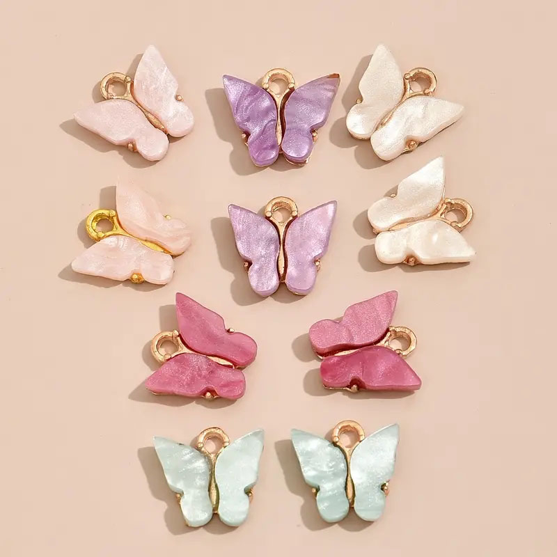 (10er Set) 12x14mm Schmetterling Anhänger DIY Charms Bastel Schmuck Zwischenperle für Armband / Kette - Rosa / Blau / Lila