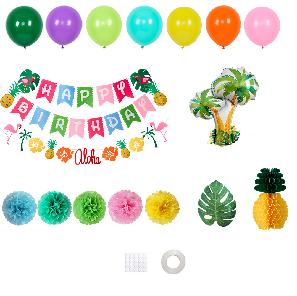 (27-tlg. Set) Sommer Geburtstags Party Dekoration Ballons / Flamingo Girlanden / Ananas Pompon's / Palmenblätter - Tropical Hawaii