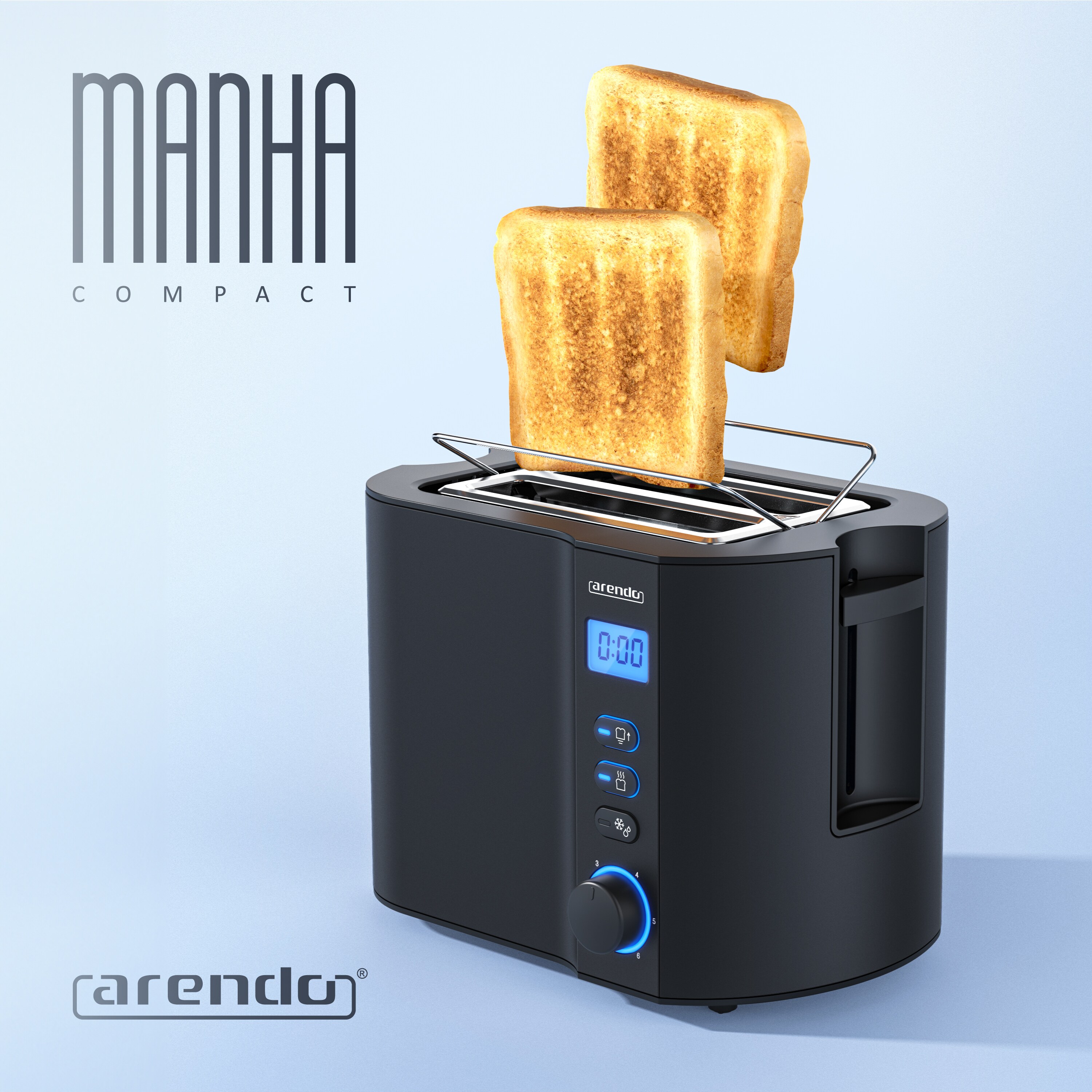 Arendo 2-Scheiben Toaster mit 6 Bräunungsstufen, LCD-Display mit Restzeitanzeige, 800 Watt, Auftaufunktion, Brötchenaufsatz, Schwarz