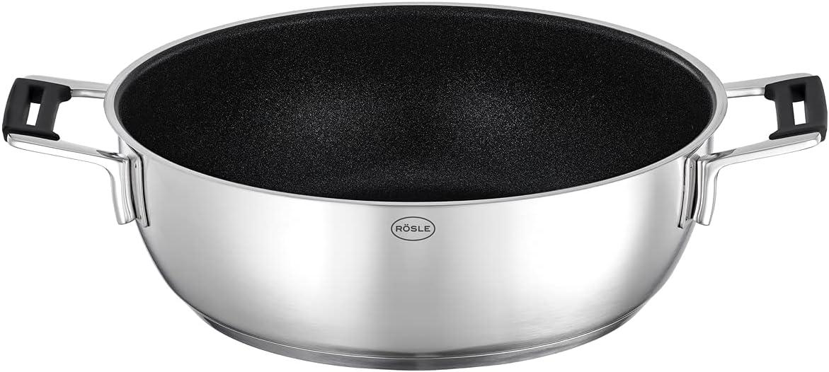 RÖSLE SILENCE PRO Aroma Dampfgarer, Hochwertiger Schmortopf zum Dämpfen, Warmhalten und Aufwärmen inkl. Deckelthermometer und Ablagerost, Edelstahl spülmaschinengeeignet, 28 cm, Silberfarben/Schwarz