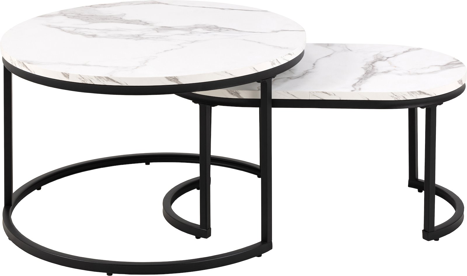 Spiro sofabordsett Topp i hvit marmor print med sort metallunderstell. Sett av 2.