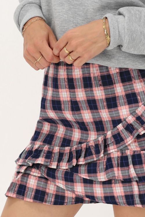 Donkerblauw rokje met roze ruitjes en lurex