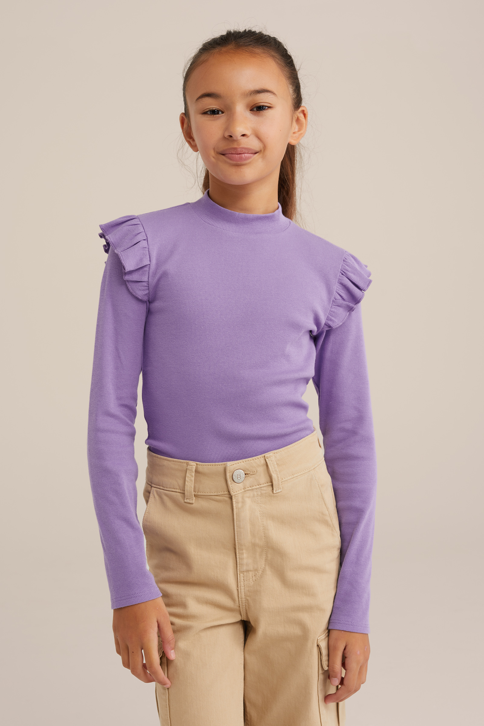 Meisjes geribd T-shirt met ruches WE Fashion Lila