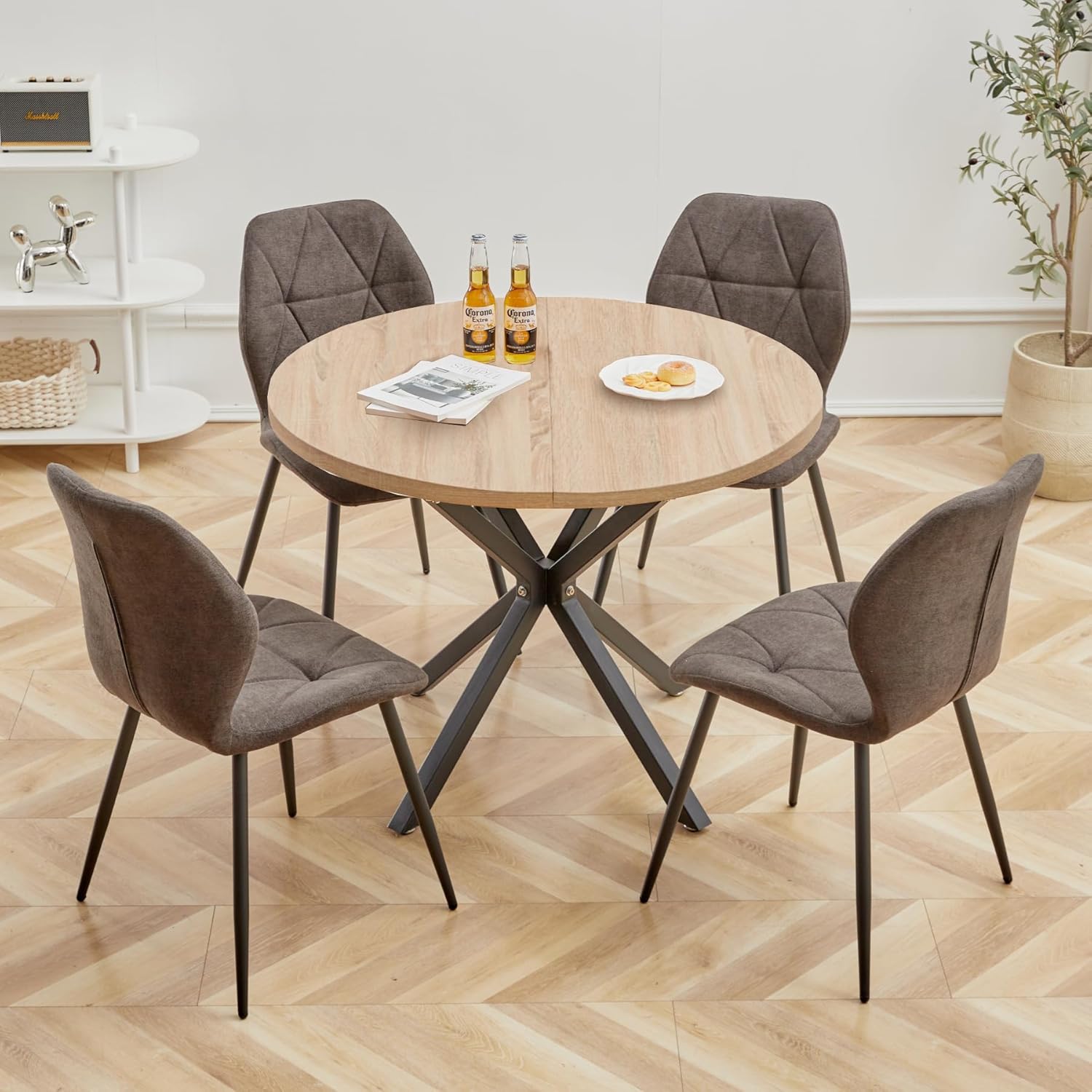 Esstisch und Stuhlset, 100 cm Runder Esstisch und 4 Moderne Leinenstühle, für Esszimmer, Küche, Wohnzimmer (Helle + Schwarz) AI2980919
