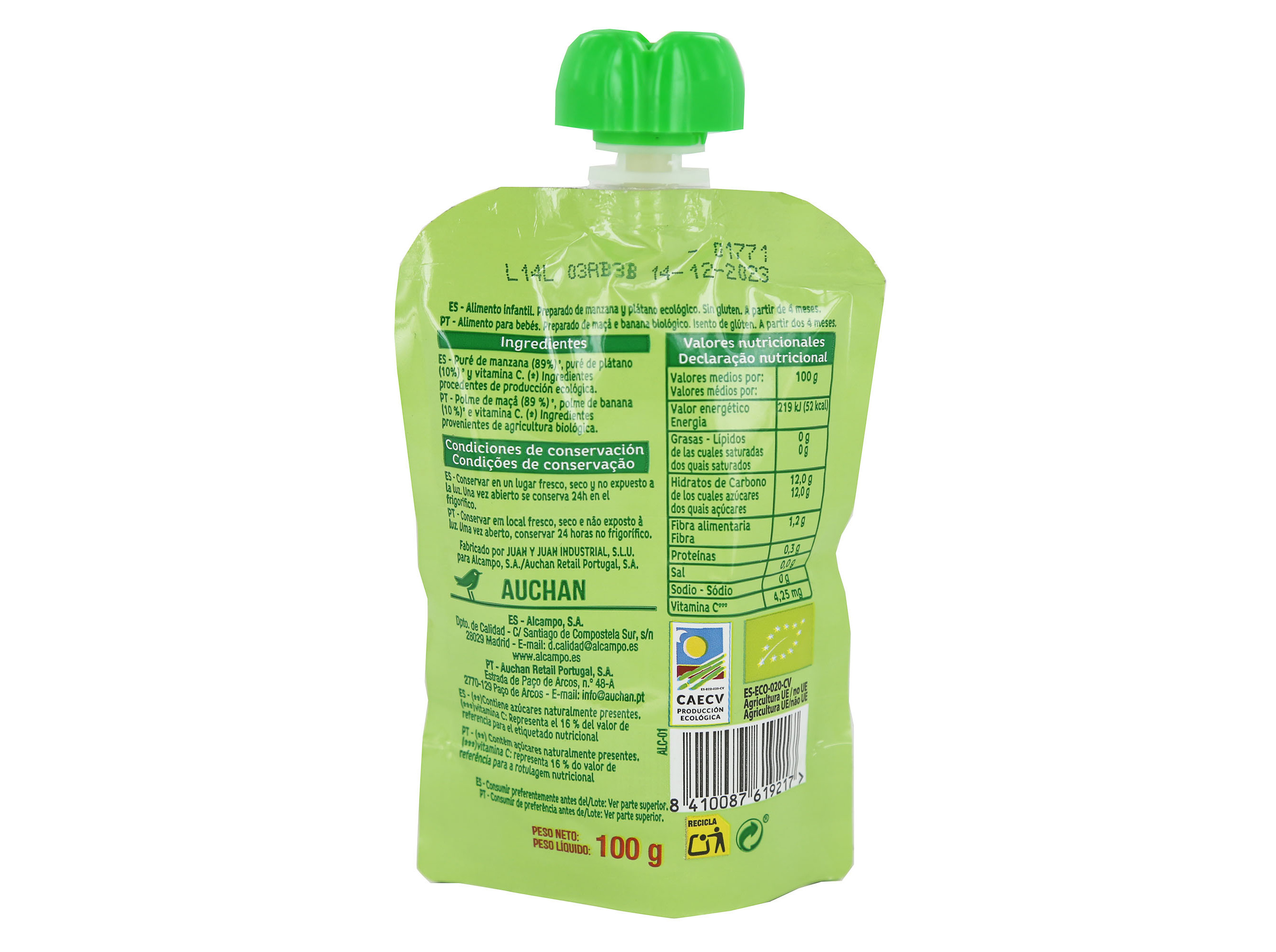SAQUETA FRUTA AUCHAN BABY BIO MAÇÃ E BANANA SEM GLÚTEN 100G