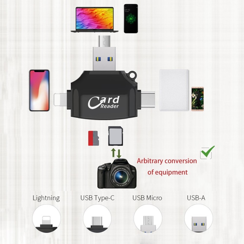 4in1 USB Mini Kartenlesegerät Card Reader Lightning / Micro USB / USB C / MicroSD & SD Karte - Schwarz