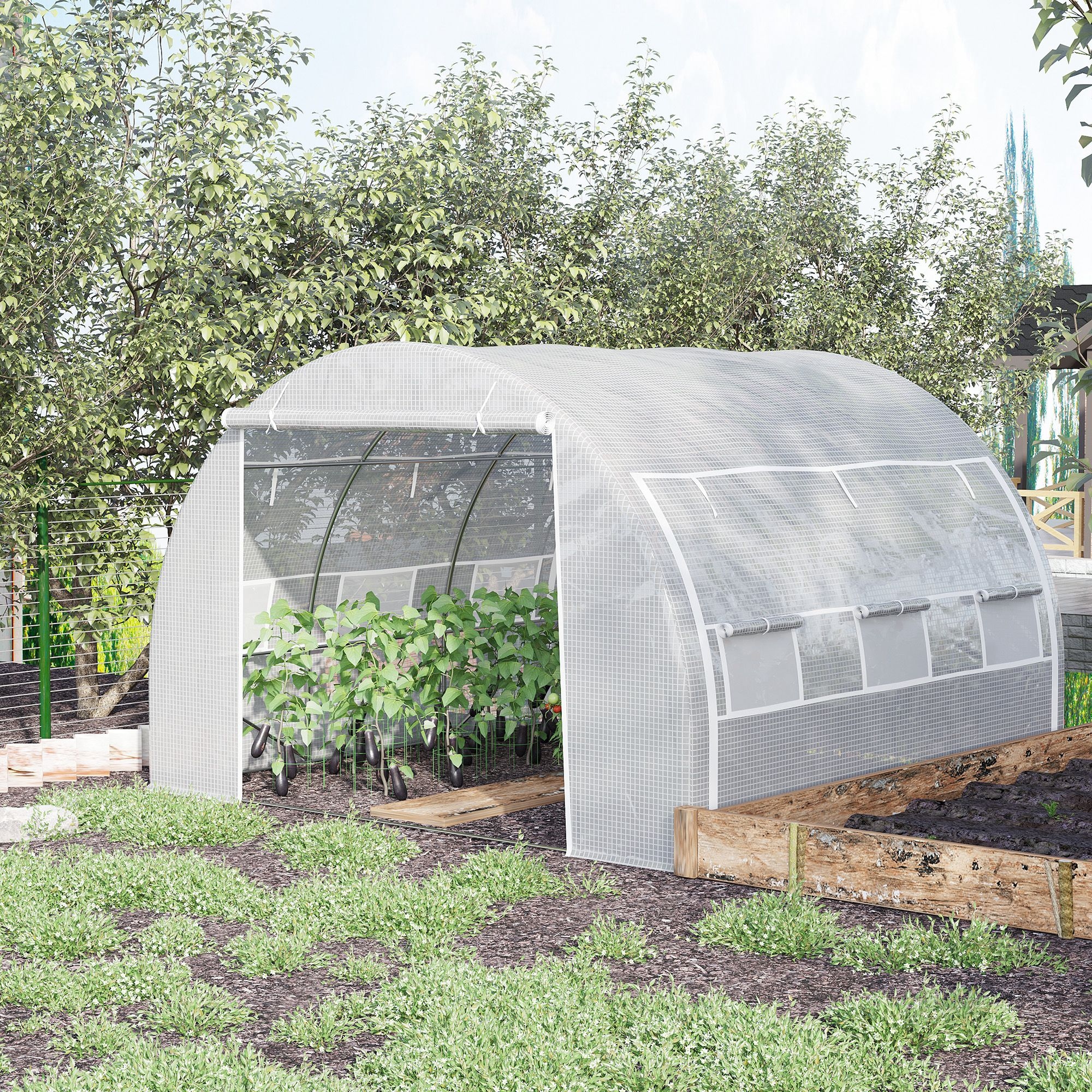 Estufa de jardim Outsunny 3x3x2m com porta e 6 janelas de enrolar, feita de polietileno de 140g/m² e aço galvanizado para cultivo de plantas e flores, branca.