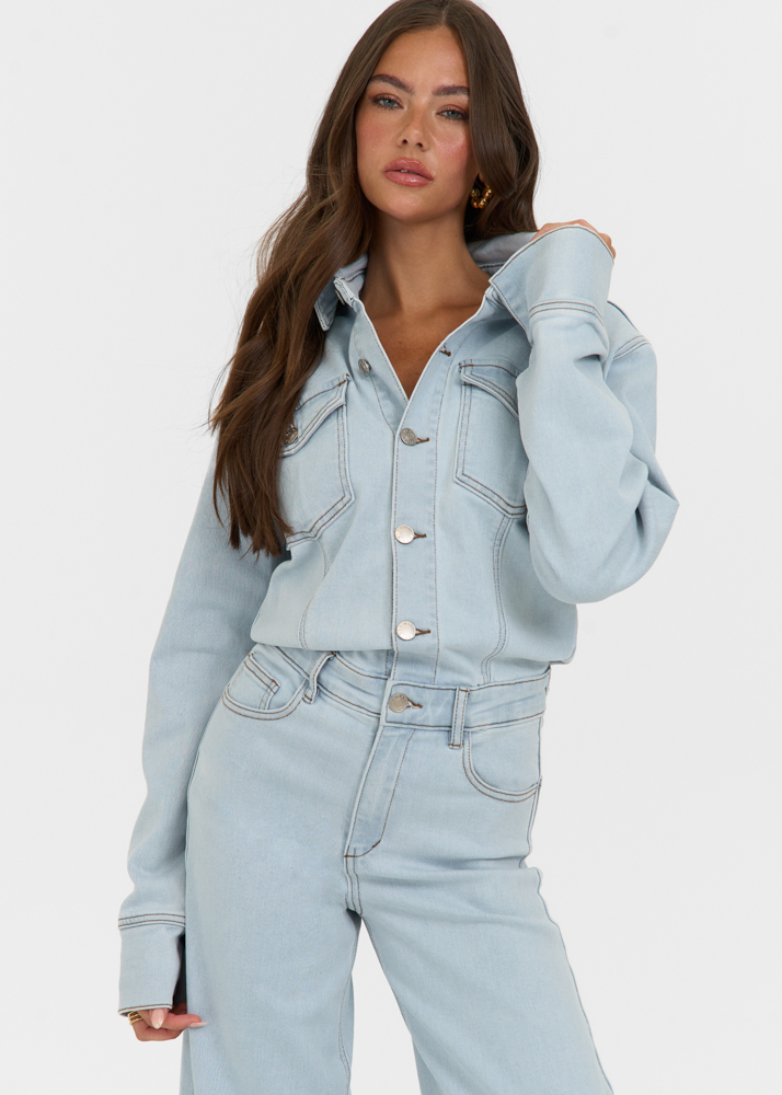 Denim stretch jumpsuit sky blauw