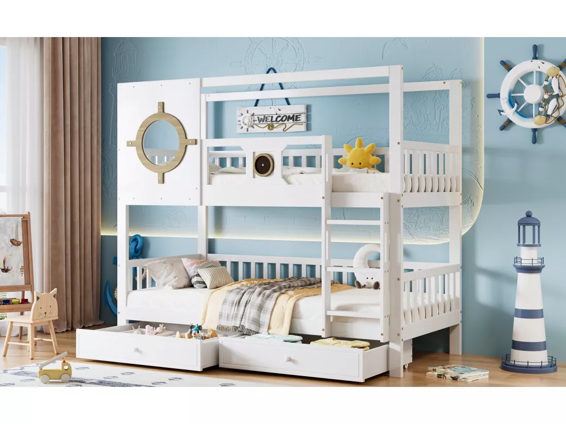 Lits superposés 2 x 90 x 200 cm avec 2 tiroirs, fenêtre & garde-corps - pin + MDF - blanc (sans matelas)