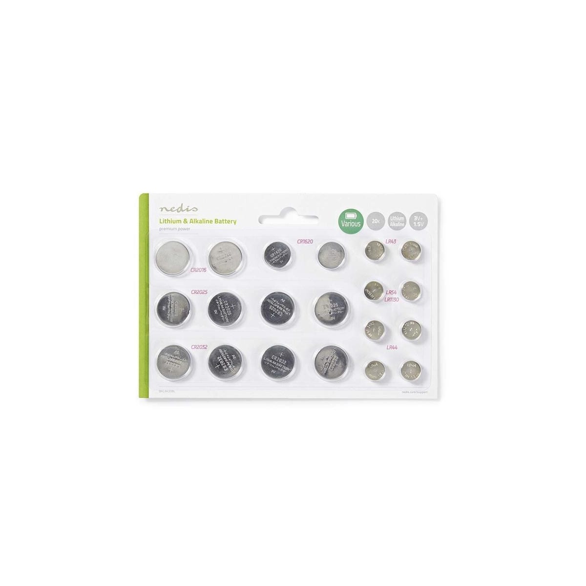 Nedis Litium / Alkaline Button Cell Battery Multi Pack | 1.5 / 3 V DC | Alkalisk / Litium | CR1620 / CR2016 / CR2025 / CR2032 / LR43 / LR44 / LR54 | Antall batterier: 20 stk. | Ulike enheter