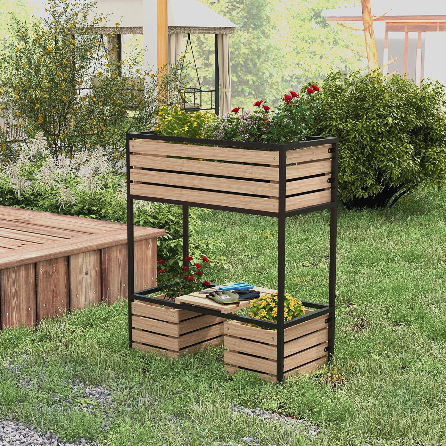 Outsunny Hochbeet aus Holz, 2-Stufiger Blumenkasten mit Ablage, Erhöhtes Gemüsebeet mit Innenvlies, Kräuterbeet für Garten, Balkon, Hellbraun, 83 x 39 x 100 cm