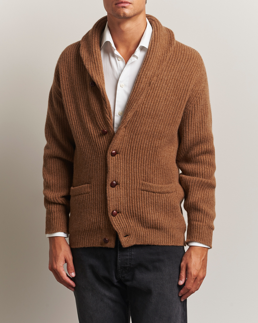 William Lockie Windsor Geelong Lambswool Shawl Cardigan Brown