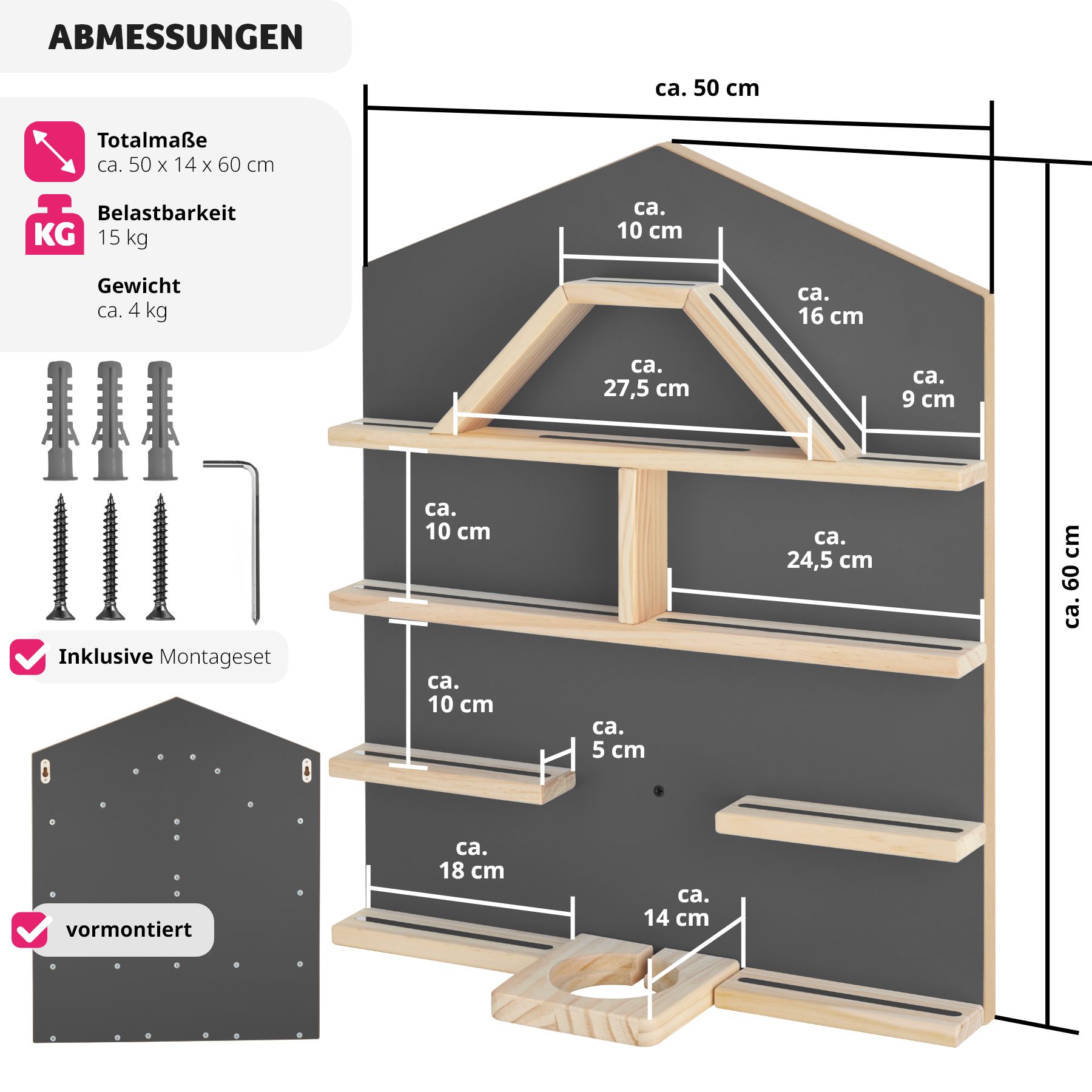 tectake® Wandregal, für bis zu 50 Tonies, abgerundete Ecken, 50 x 15,5 x 60 cm, unsichtbare Aufhängung