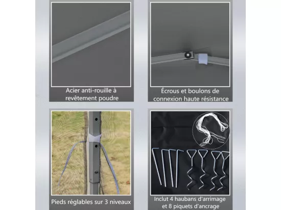 Tonnelle gazebo en acier et en 420d tissu oxford - 3x3m 9 m² - avec rideaux - 2 portes fermeture éclair