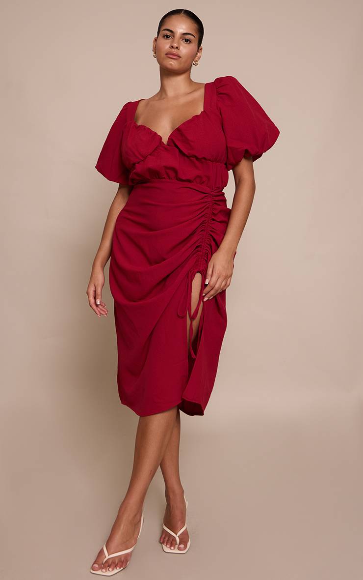 Rouge Profond Robe Midi Grande Taille À Manches Bouffantes Froncée Avec Fente Latérale
