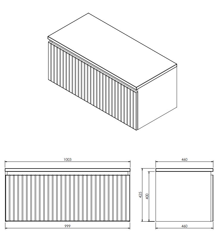 Fontana Gala zwart badmeubel ribbelfront met vrijhangende wastafel 100cm geen kraangat