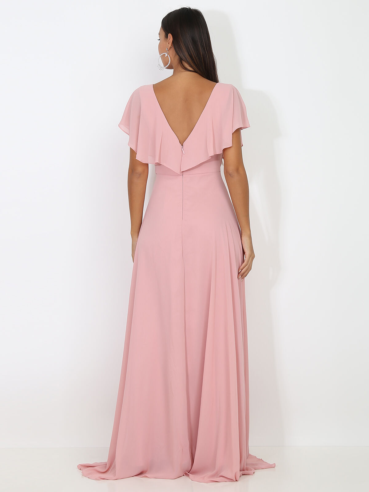 Robe longue décolleté à volants- Vieux rose