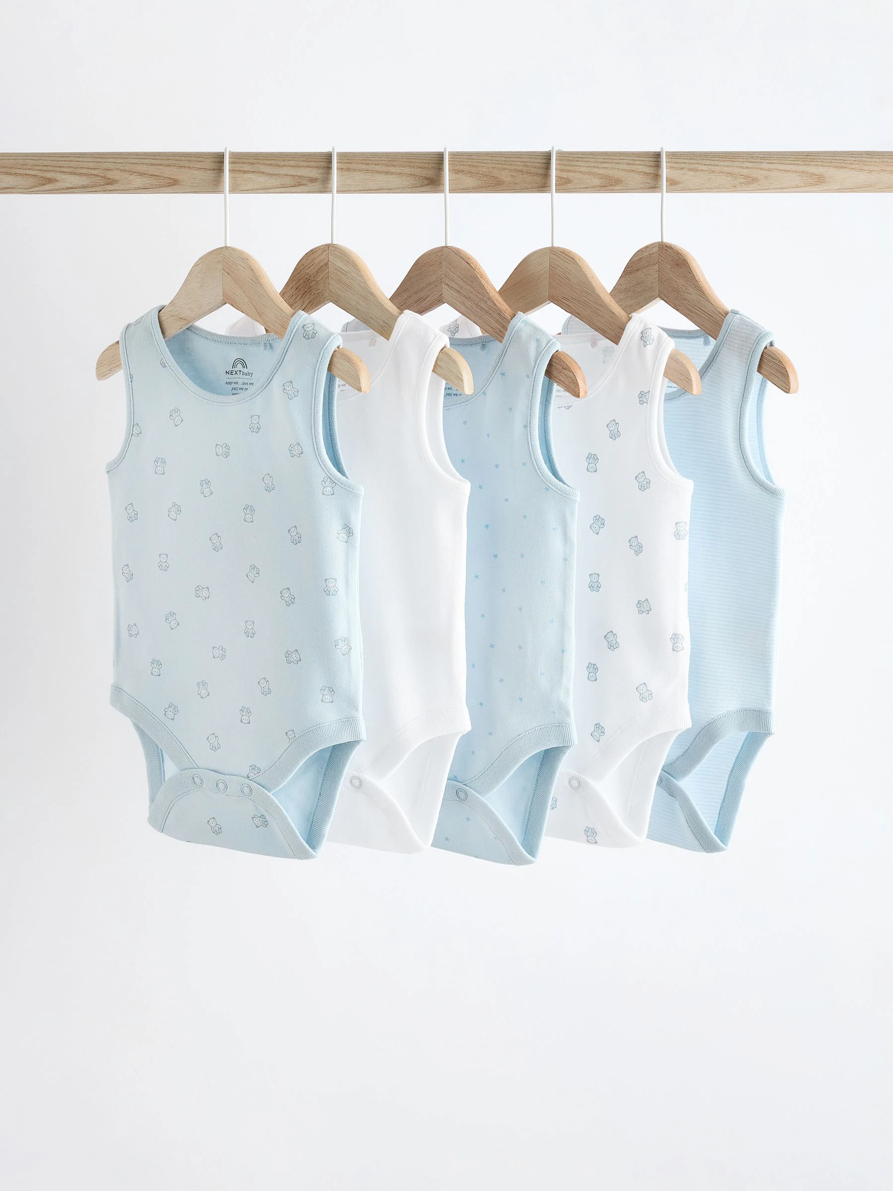 Blauw met beerprint - 5 babyhemdjes