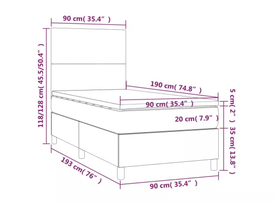 Sommier tapissier et matelas et LED Gris clair 90x190cm Velours