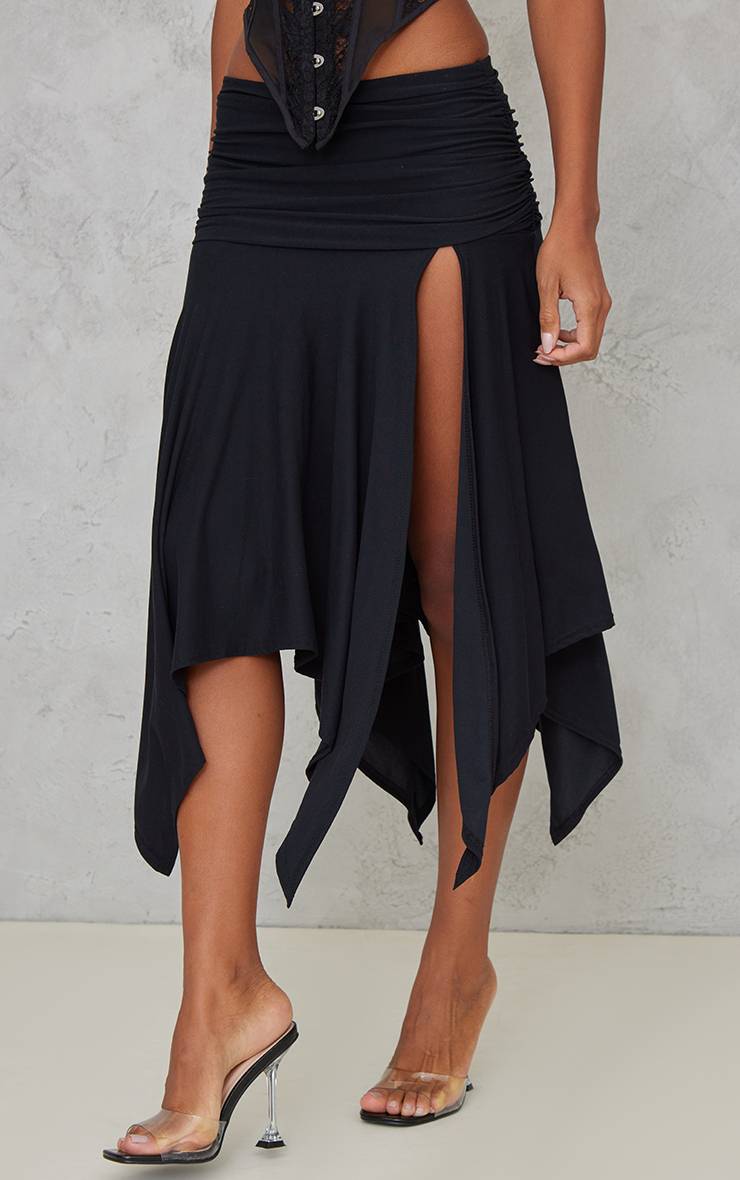 Noir Jupe Midi Asymétrique Froncée Toucher Doux