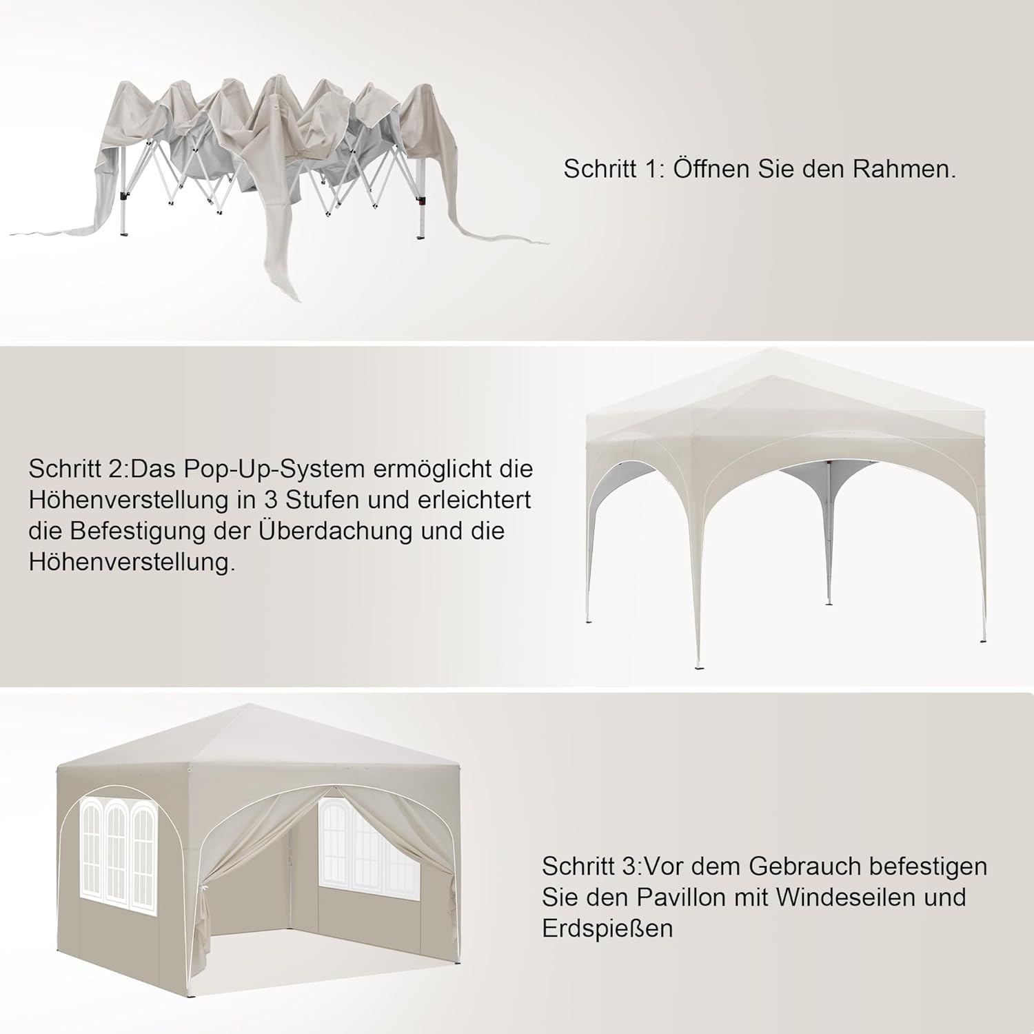 Laneetal Pop-Up Faltpavillon wasserfest Winterfest, Pavillon 3x3 m faltbar, Grillpavillon stabil, Gartenpavillon mit Seitenwänden Fenstern Tasche, für Camping Strand Garten, Beige