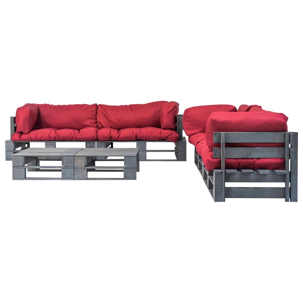 Salon de jardin meuble d'extérieur ensemble de mobilier 6 pièces palettes avec coussins rouges bois