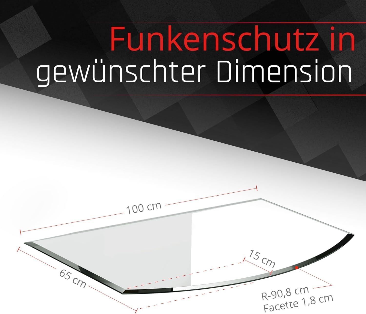 BIJON Glasplatte Segmentbogen für Kaminofen mit Dichtlippe, Glasbodenplatte - Funkenschutzplatte Glas mit Facettenschliff, Kamin Hitzeschutz, ESG Sicherheitsglas 65 x 100 cm x 6mm