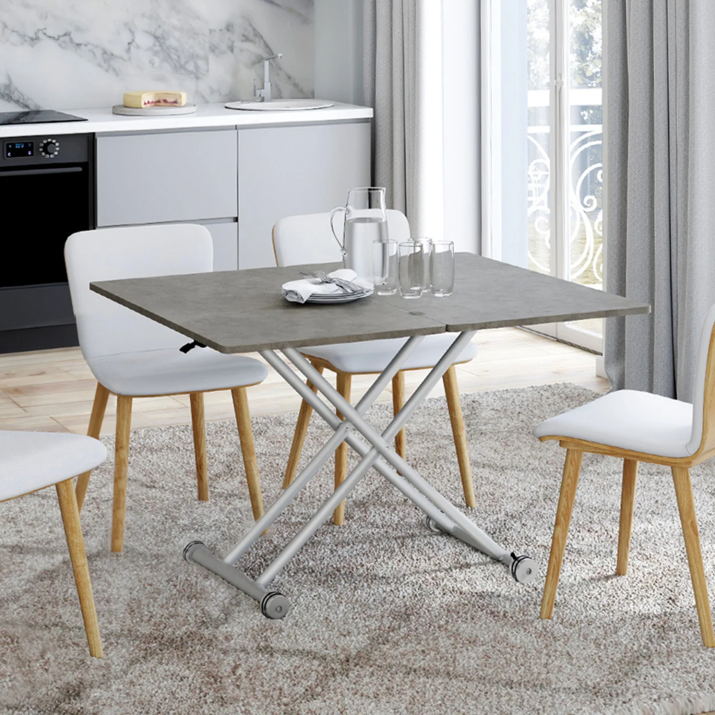 Table basse 2-en-1 relevable en table à manger 6-8 personnes plateau portefeuille URBANA plateau effet béton