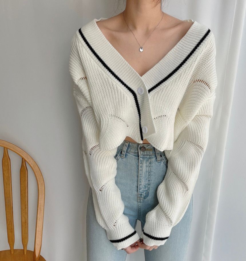 Janerium - V-hals gestreept pointelle crop vest