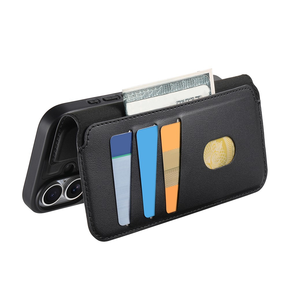 iPhone 16 Pro Max MagSafe Leder Case Schutzhülle mit Finger Griff Halterung   Abnehmbare Tasche inkl. Kartenfächer (RFID Schutz) - Schwarz