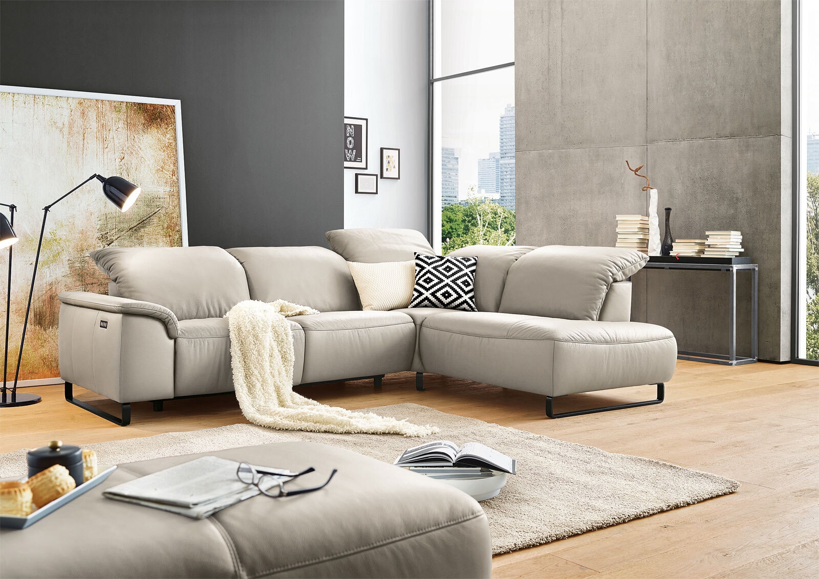 MONDO Ecksofa ATLA Lederbezug Beige ca. 291 x 220 cm
